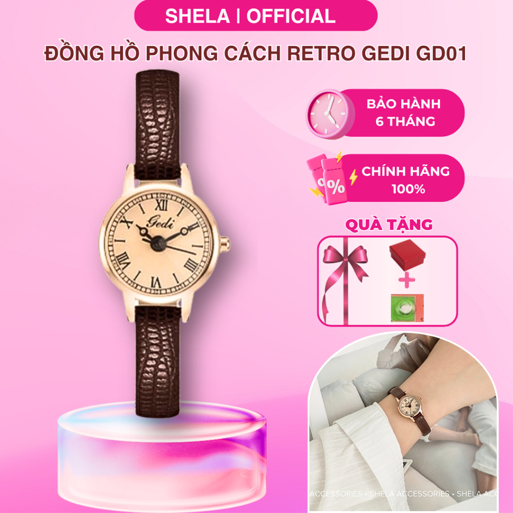 Đồng hồ nữ dây da chính hãng mặt nhỏ tròn phong cách retro vintage nữ tính GEDI GD01