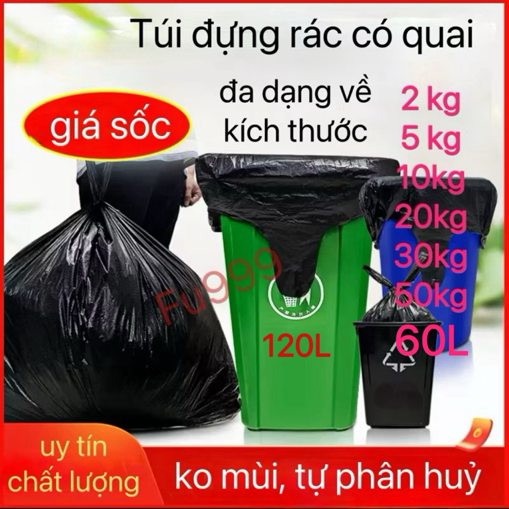 [1kg] túi đựng rác có quai, bao rác đen tự phân hủy, túi nilong dựng hàng siêu dai, sire 5kg,10kg,20kg,30kg,50kg