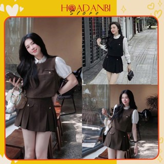  Set 3 Món Áo Sơmi Cổ Sen Mix Yếm Gile + Chân Váy Xếp Ly 3 Màu Set đồ nữ tiểu thư siêu xinh 