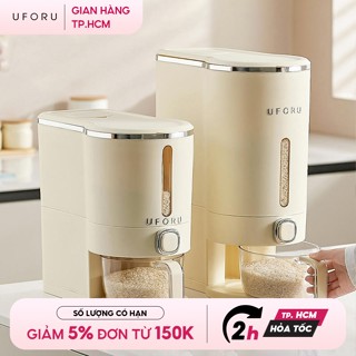 Thùng đựng gạo thông minh chống ẩm côn trùng UFORU màu kem 5kg, 10kg chất liệu nhựa lấy gạo tự động - UF480