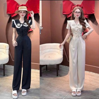  Set bộ thời trang Nữ vải tuyết mưa áo croptop tay ngắn cổ lá sen viền ren đính hoa nổi bậc mix quần dài ống rộng có túi 