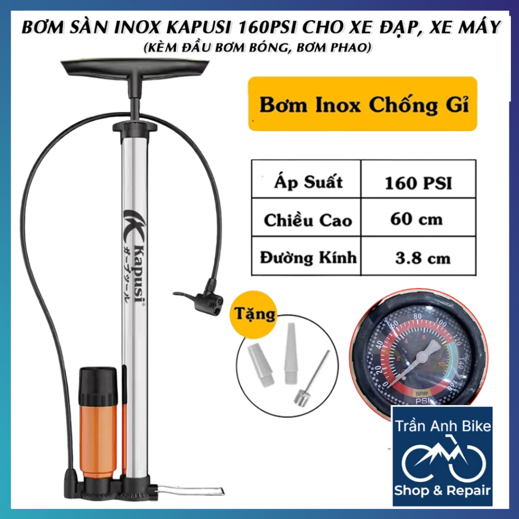 Bơm Sàn Xe Đạp INOX KAPUSI 160PSI (Kèm Đầu Bơm Bóng, Phao...)