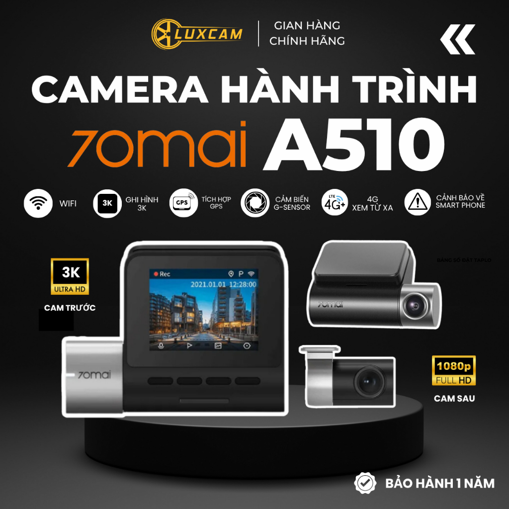 Camera hành trình ô tô 70mai A510, Độ phân dải 3K/1080p - Bản quốc tế, hỗ trợ Tiếng Việt, BH 12 thán