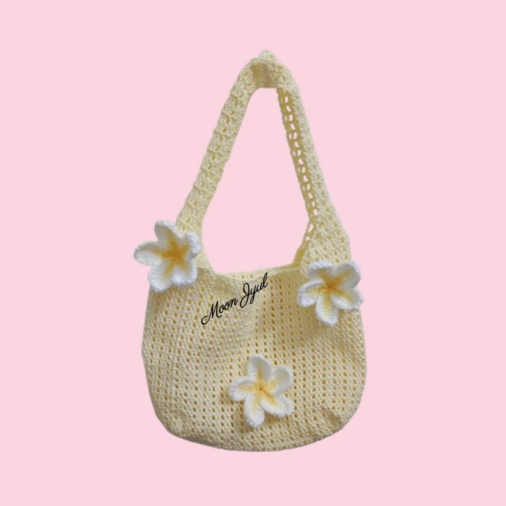 Handmade Crochet Plumeria Tote Bag | Túi tote hoa sứ bằng len handmade, túi lưới đi biển mùa hè, túi