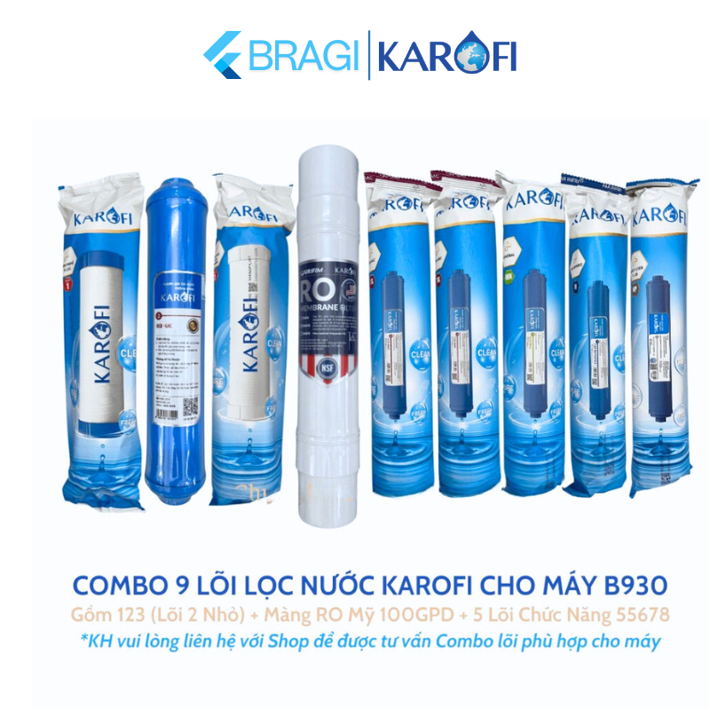Combo 9 Lõi Lọc Nước Karofi giành cho Máy Model B930 Gồm 12OCB3 - Màng RO100GPD Mỹ - 2T33 Mineral Fa