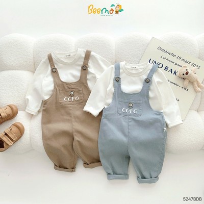 Set yếm kaki kèm áo Beemo phối túi in chữ cofo vải kaki mềm cho bé đi học, đi chơi 5247BDB
