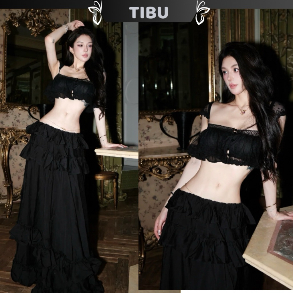  Set Áo Croptop Cánh Tiên Phối Chân Váy Dài Xoè TIBU Set Đồ Nữ Sang Chảnh Đi Chơi Dự Tiệc Tôn Dáng B562 