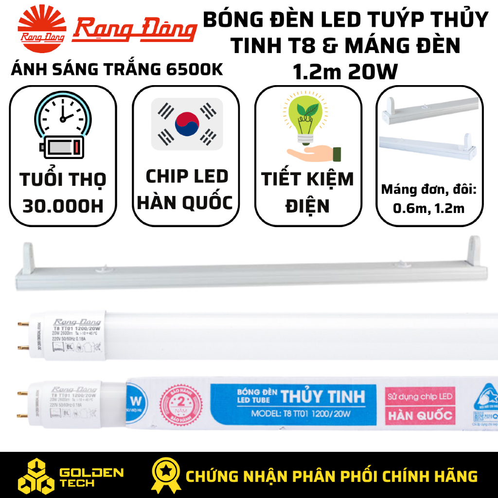 Bóng đèn Led Tuýp Thuỷ tinh T8 Rạng Đông 1.2m 20W Ánh sáng trắng 6500K & Máng đèn đơn, đôi