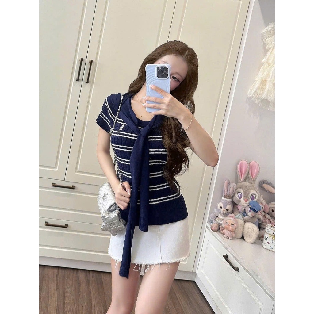Áo len ngắn tay cổ tròn sọc ngang nữ, form ôm body, chất len gân co giãn Hàn Quốc (không kèm khăn)TH3 | BigBuy360 - bigbuy360.vn