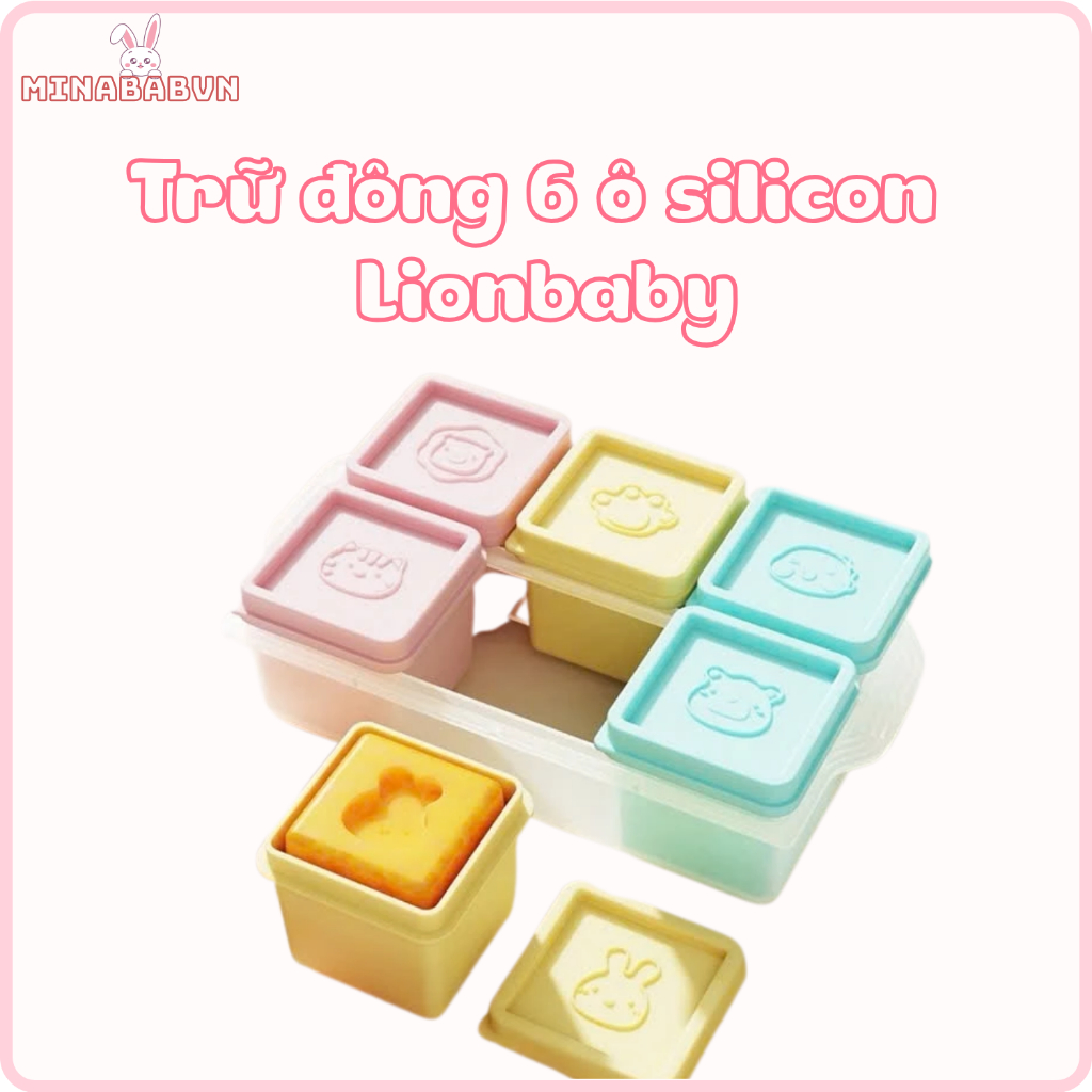 Set 6 hộp trữ đông silicon Lionbaby, Set trữ đông Lion cho bé ăn dặm kèm khay tiện lợi