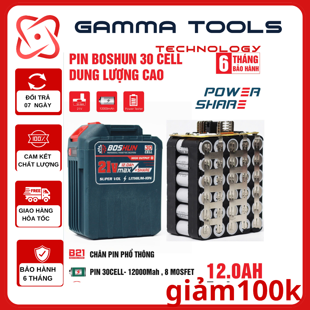 Pin 30 Cell Chính Hãng Boshun Dung Lượng Cao Mạch 8 mosfet - chân pin phổ thông makita - có đèn báo 