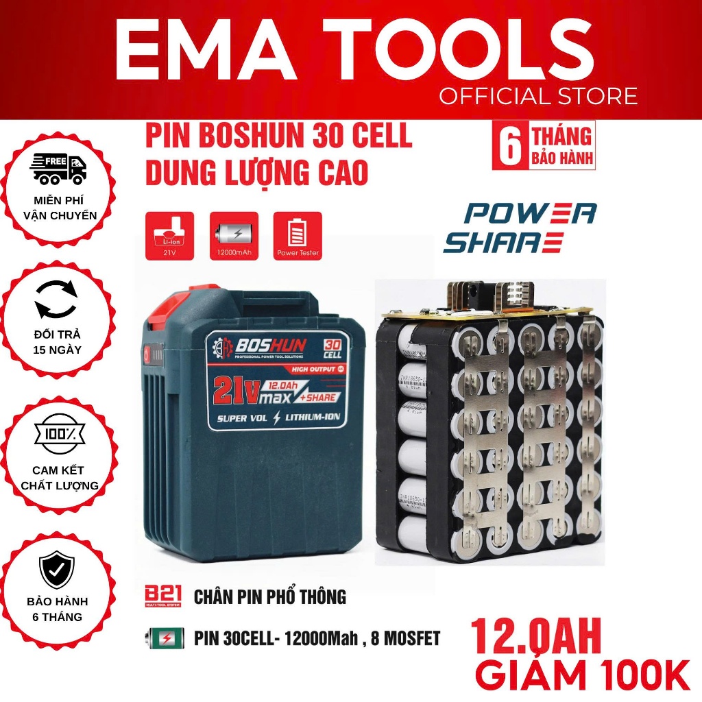 Pin 30 Cell Chính Hãng Boshun Dung Lượng Cao Mạch 8 mosfet - chân pin phổ thông makita - có đèn báo 