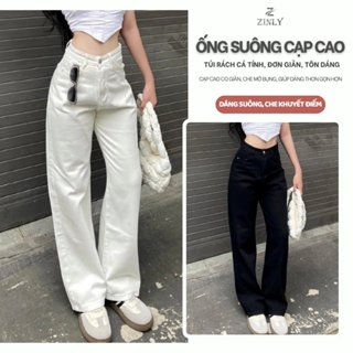  Quần Jean Nữ Ống Suông Cạp Cao ZINLY Màu Trắng Đen Trơn Đơn Giãn Dáng Rộng Vừa Chất Cotton Không Co Giãn Q322 