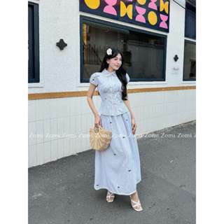 Set đồ nữ lụa sọc áo nơ phối chân váy dài đan ren dáng tiểu thư thanh lịch mặc đi tiệc, đi làm ,đi chơi Z069