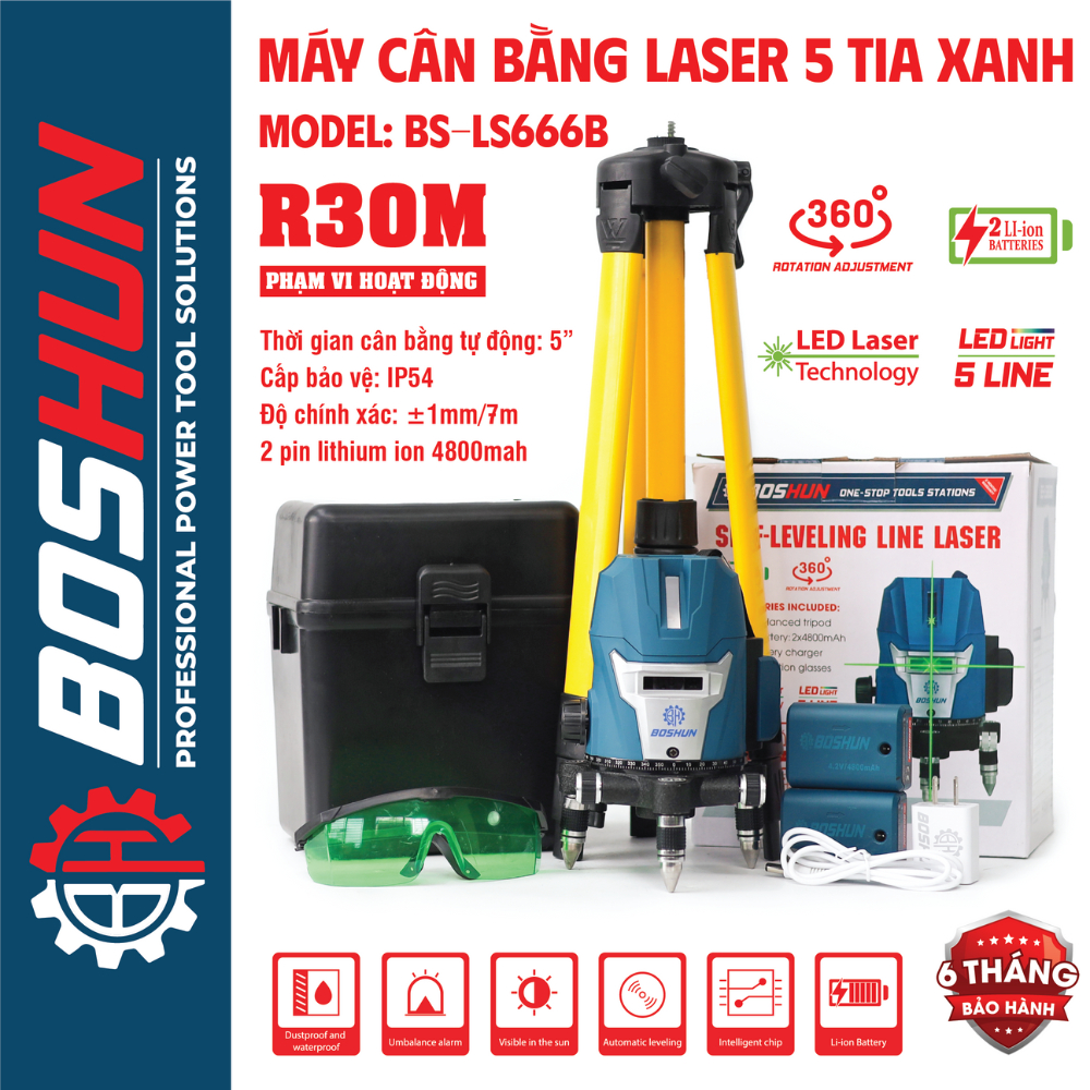 Máy bắn cos cân bằng laser BOSHUN BS-LS666B, 5 tia xanh bóng LED siêu sáng - Kèm 2 pin - Tặng Chân