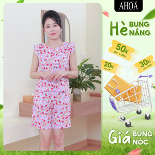 Bộ Lanh Mặc Nhà Nữ AHOA Cổ Bèo, Bộ Trung Niên Mùa Hè Cho Mẹ Quần Đùi Vải Lanh Chéo Thoáng Mát BL20