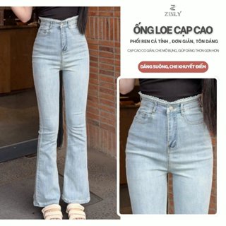 [ ZINLY SHOP ] Quần Jean Nữ Ống Loe Fom Ngắn 95Cm Và Dài 105Cm Phối Ren Lưng Vải Co Giản Dẽo Dai Mềm Mát Q412