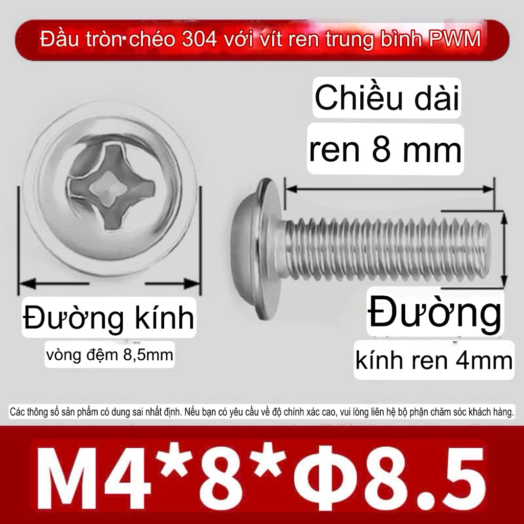 Bulong M4 inox 304, M4*8*8.5mm, 100 chiếc
