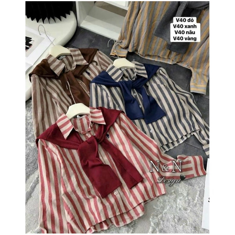 Áo Sơ Mi Nữ  , Áo Sơ Mi Kèm Khăn Kẻ Sọc Cổ Sơ Mi