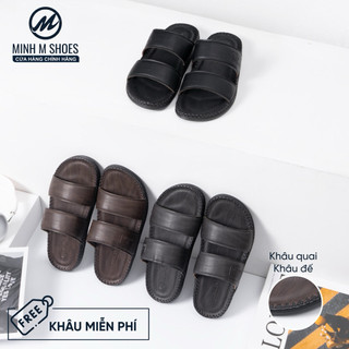  Dép Nam Hai Quai Da Vân Gỗ Cao Cấp In Logo Minh M Shoes Đế Cao Su Êm Hình Răng Cưa Chống Trơn Trượt 