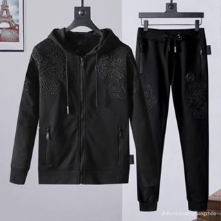 Bộ đồ nam dài tay thêu Hổ thu đông Philipp Plein nỉ da cá thêu logo sắt phối hình hổ vằn ngực dày dặn basic