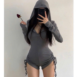  Jumpsuit Nữ Dài Tay Có Nón Dây Rút 2 Bên  Body Liền Thân Bo Eo Kéo Dây Cá Tính Đồ Bay Ngắn Sexy Đi Chơi 