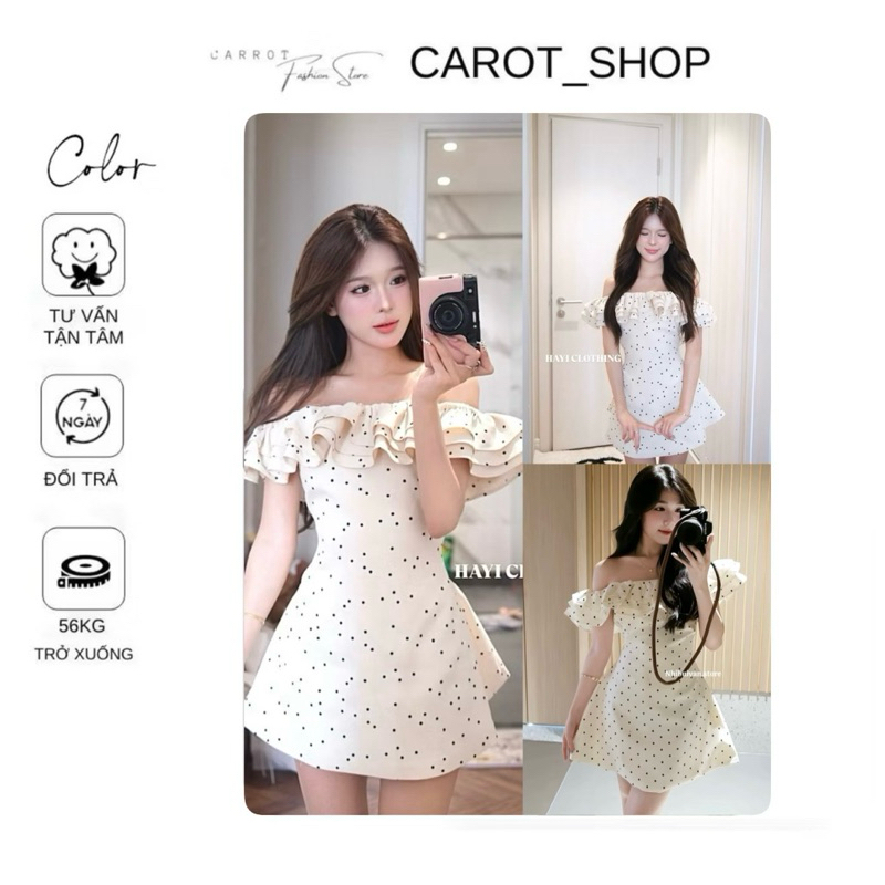 𝐕𝐇𝐓𝟎𝟗 -  𝐁𝐈𝐆𝐒𝐈𝐙𝐄 Váy trễ vai dáng chữ a chấm bi 𝐒 => 𝟑𝐗𝐋, 𝐊𝐄̀𝐌 𝐐𝐔𝐀̂̀𝐍 Đầm “ TẦNG BI “ tiểu thư sang chảnh by CarrotShop