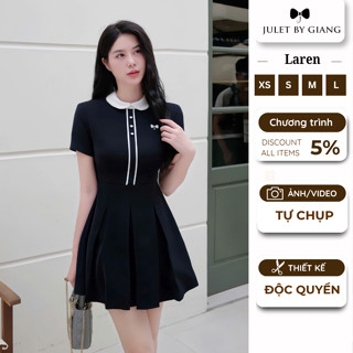 [SẴN HÀNG] Váy đầm liền nữ thiết kế xinh Juletbygiang Lauren dáng tiểu thư màu xanh than họa tiết sọc trắng