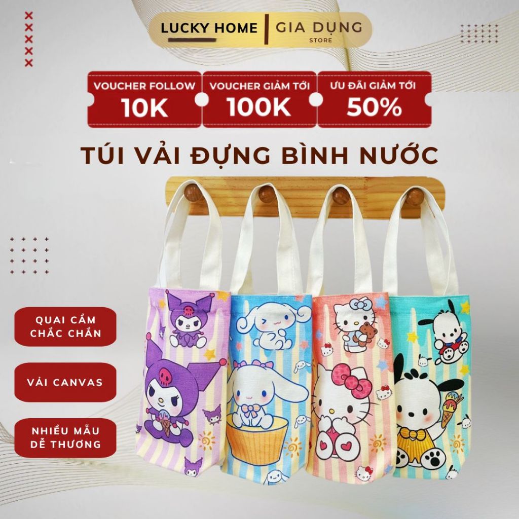 TÚI ĐỰNG BÌNH Hoạt Hình Dễ Thương, Túi Vải Canvas Đựng Bình Nước tiện lợi