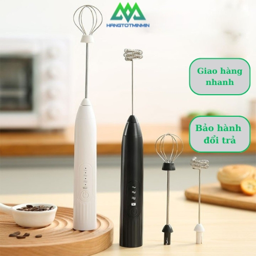 Máy Đánh Trứng Cầm Tay, Máy Tạo Bọt Cafe Mini 3 Tốc Độ Sạc Pin Tích Hợp 2 Đầu Đánh Inox Đa Năng