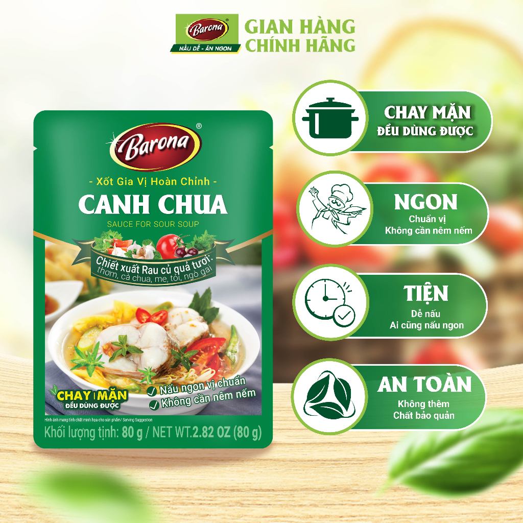 Combo 1 hộp (20 gói) Gia Vị Canh Chua Barona 80g chay mặn dùng được
