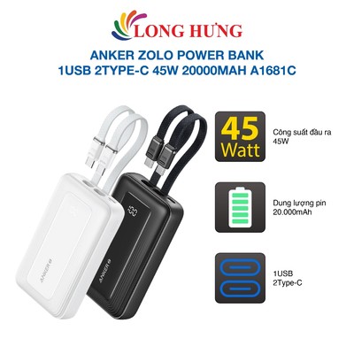 Sạc dự phòng Anker Zolo Power Bank 1USB 2Type-C 45W 20000mAh A1681C - Hàng chính hãng