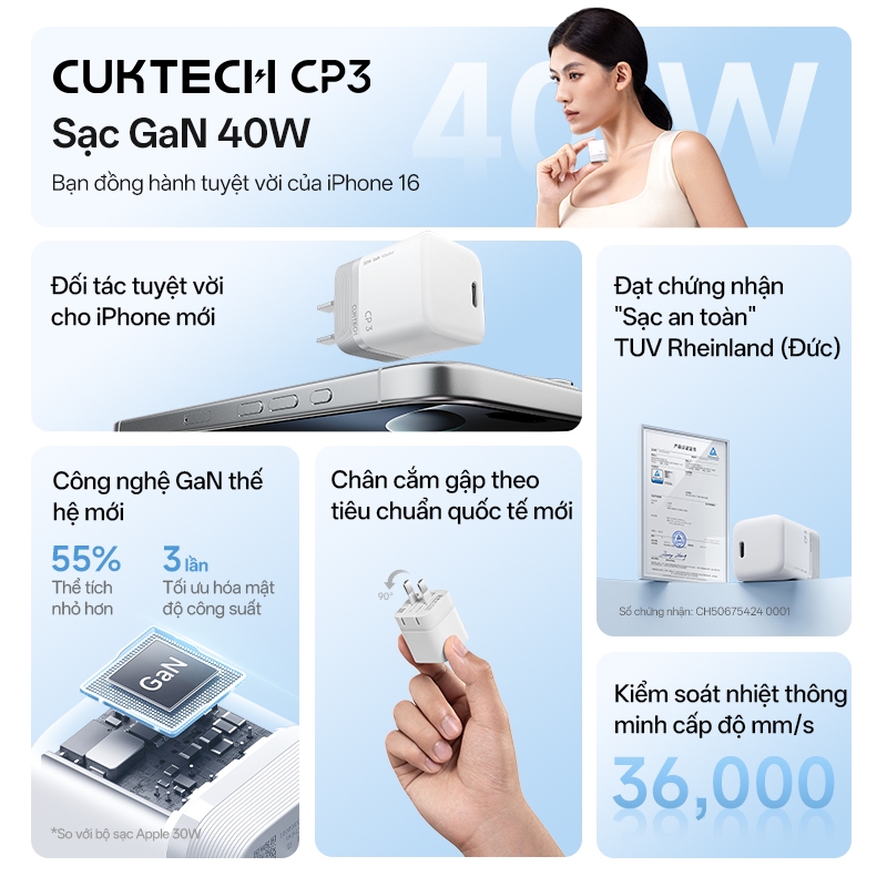 Củ Sạc Nhanh CUKTECH GaN 40W Siêu Nhỏ Gọn Chân Gập Không Nóng Máy Cho iP 17/16/15/iPad Air/Samsung S26 | BigBuy360 - bigbuy360.vn