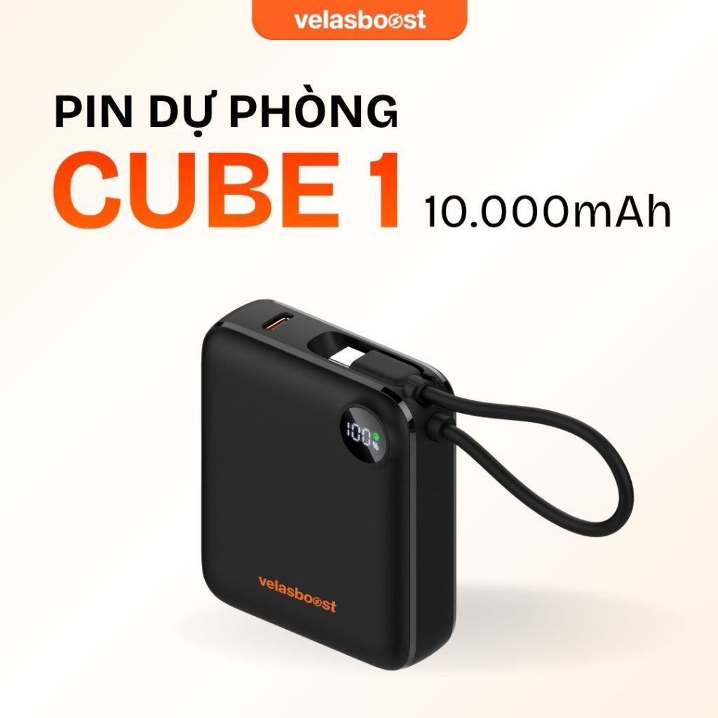 Pin Sạc Dự Phòng 10.000 mAh CUBE1 Velasboost, Sạc Nhanh 22.5W, Tích Hợp Cáp Sạc Type C-Velasboost, L