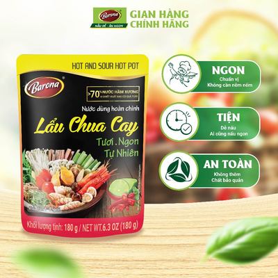 Nước Dùng Lẩu Chua Cay Barona 180g tươi ngon chuẩn vị không cần nêm nếm