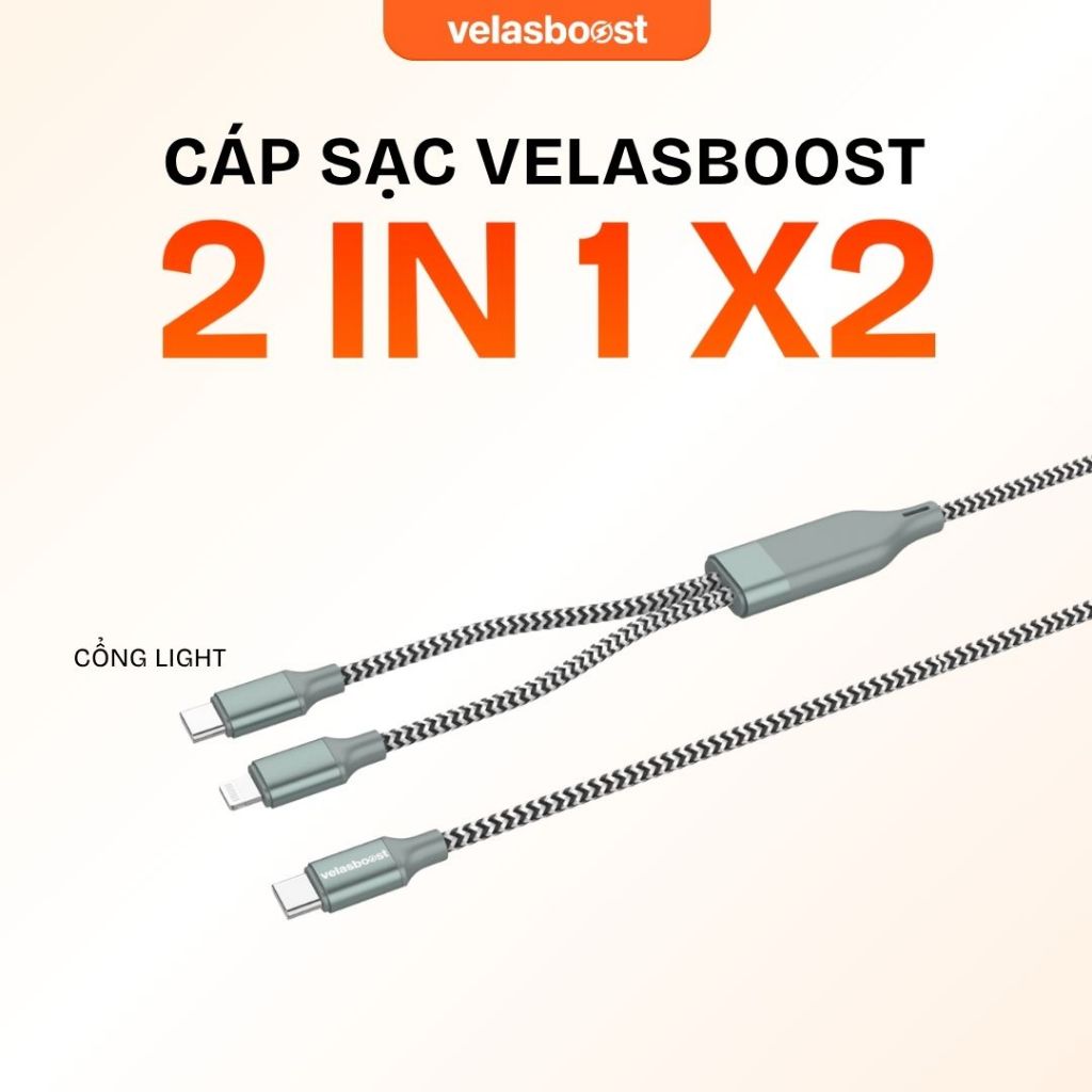 Dây cáp sạc nhanh 2 trong 1 velasboost X2, C to L, C to C, Công suất 27W -100W, Truyền dữ liệu