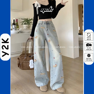 (NEW 2025 - NẤM LÙN) Quần Jean Suông nữ cạp cao cho nấm lùn màu wash bụi thêu hoạ tiết Cún Hoạt hình 1m40 1m50
