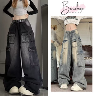 Quần Jean Đen Wash Túi Hộp Nữ Ống Suông Rộng Lưng Cao Quần Jean Unisex From Đứng Dáng Dài HIPHOP