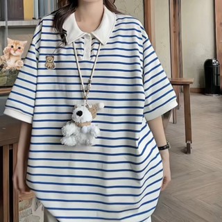 Áo Thun Polo Nữ JEM CLOSET Form Dáng Rộng Unisex Sọc Ngang 2 Màu Nâu Xanh Than GJSI - 10468