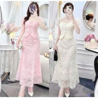  Set váy nữ áo cài nút tay bồng vạt nhọn phối chân váy đuôi cá xòe chất ren phối lót kate lụa 2 màu thanh lịch cho nàng 
