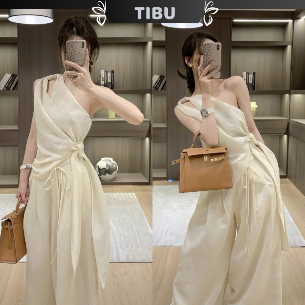  Set Áo Lệch Vai TRẮNG Cột Xoắn Tà Phối Quần Ống Rộng Lạ Mắt TIBU Set Đồ Nữ Xinh Xắn Đi Chơi Dạo Phố Sang Chảnh B563 