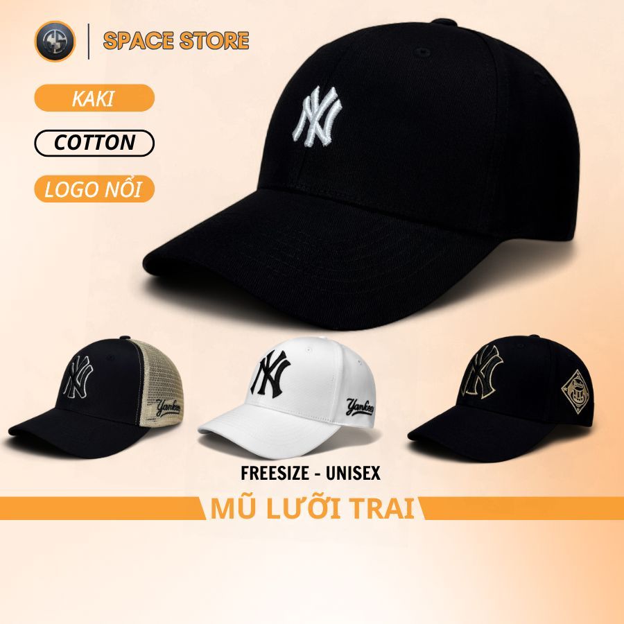 Mũ lưỡi trai chữ nhỏ NY đen logo trắng, hàng xuất dư Freesize dành cho cả nam và nữ, Full hộp