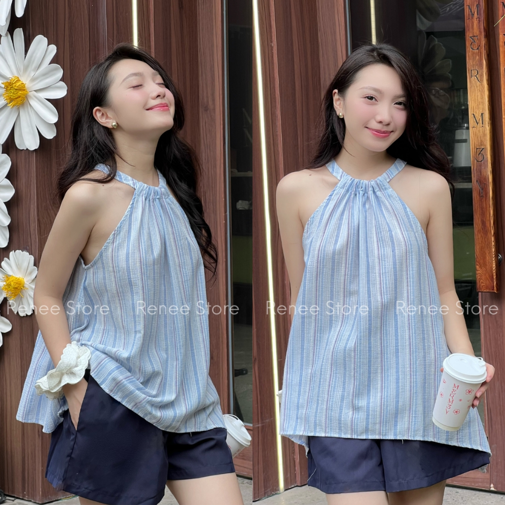 Set áo kẻ cổ yếm vạt bên kèm quần short cạp chun Renee Store - S686 | BigBuy360 - bigbuy360.vn