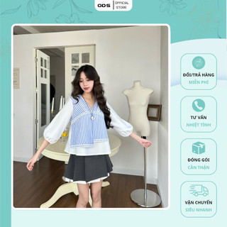  Áo Trắng ODS thiết kế cổ V thân trước phối sọc xanh trắng viền ren tay phồng lỡ trẻ trung - GX8 