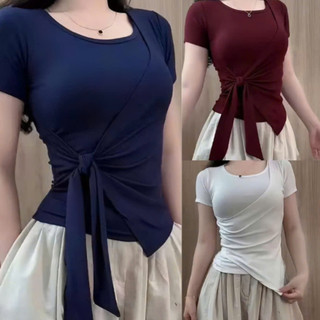  Áo Thun Nữ Phối Viền Thiết Kế Dây Rời Thắt Eo Vạt Xẻ Tà Vải Tăm Hàn Ôm Body Thiết Kế Trẻ Trung Năng Động Cho Nữ Mặc Hè   