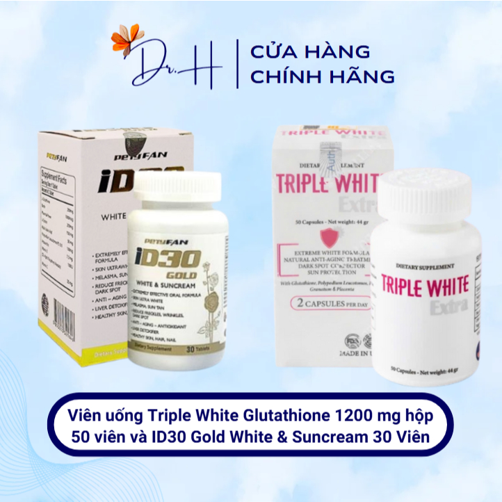 Viên uống Triple White Glutathione 1200 mg hộp 50 viên và Viên uống ID30 Gold White & Suncream 30 Viên