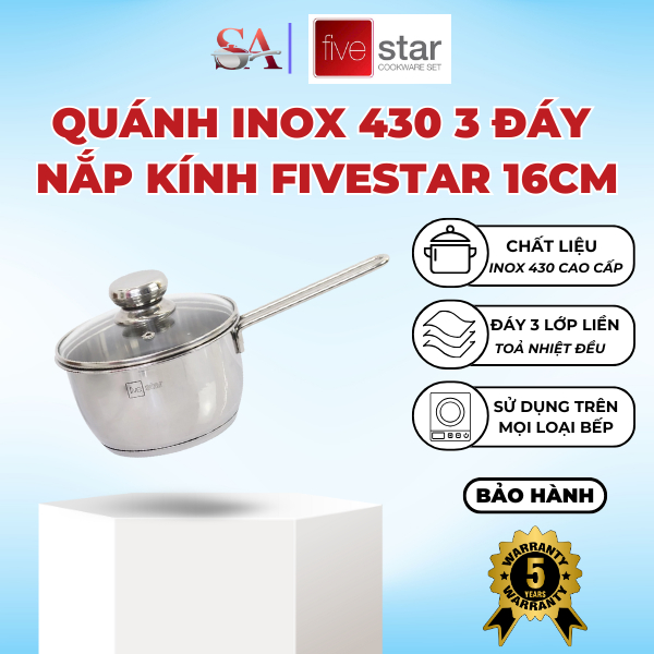Quánh inox 430 3 đáy nắp kính Fivestar 16cm dùng được trên mọi loại bếp - Hàng chính hãng FiveStar