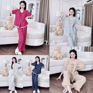 Đồ Bộ - Đồ Ngủ Tay Ngắn Quần Dài Vải Cotton Mềm Phối Ren Tiểu thư Pijama Bigsize 50-100kg Bộ Ngủ Nữ Áo Ngủ - A.5437