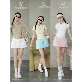[ Sắn - Hỏa Tốc ] Set Áo Thun Cổ Polo Nhún Eo Thêu Họa Tiết Chuẩn CHOUCHOU Chân Váy Ngắn Bo Chun 3 Màu