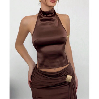  Áo cổ yếm lụa satin mỏng hở lưng có dây điều chỉnh phía sau ôm body đi tiệc sang chảnh 